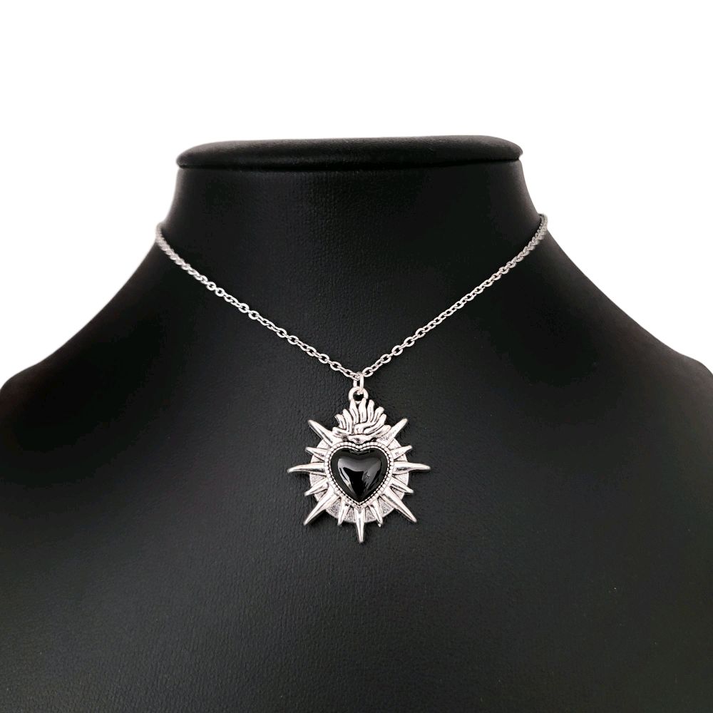 Silver Black Sacred Heart Pendant Necklace