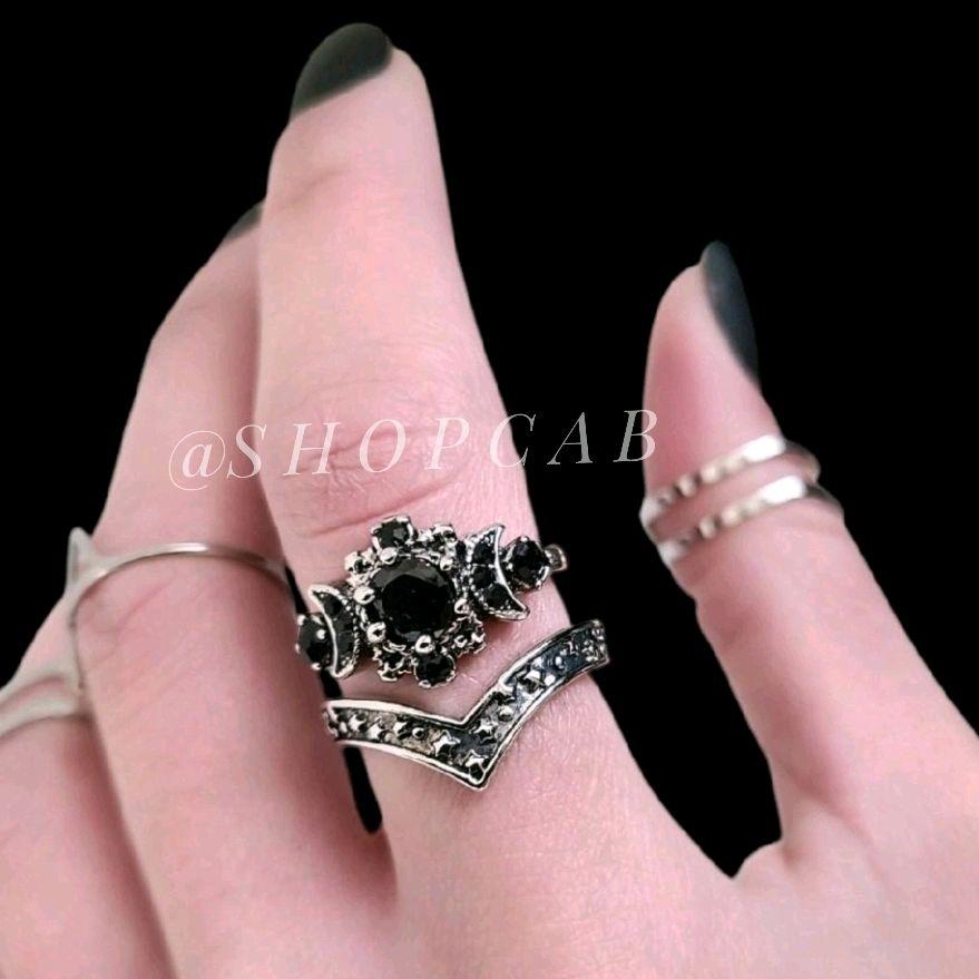 Black Crystal Triple Moon Ring Stack Set