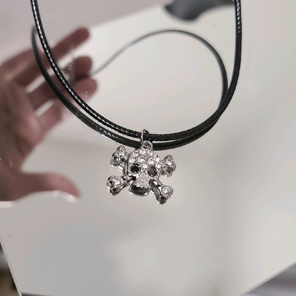 16" Crystal Skull Necklace - Black Cord (Rhinestone Gothic Jewelry)