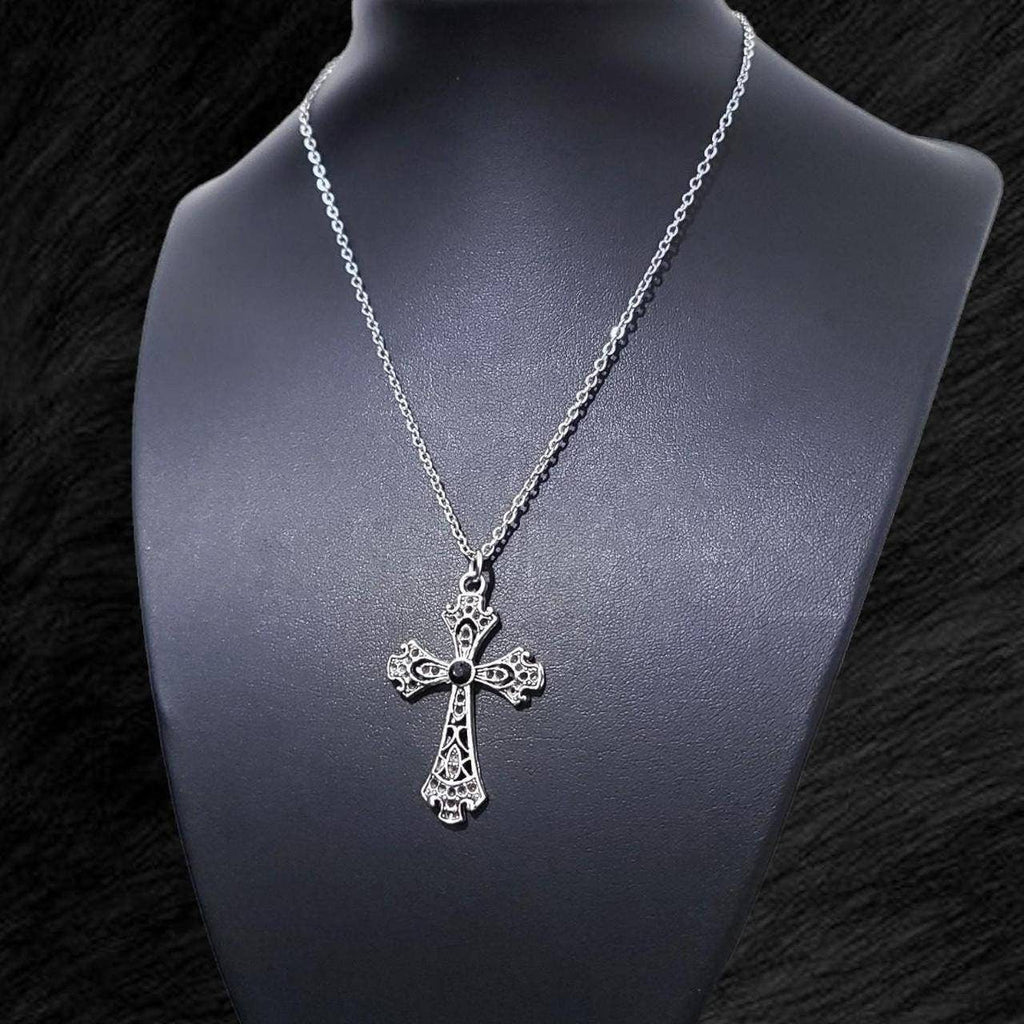 16" Silver Cross Necklace 023-BLACK