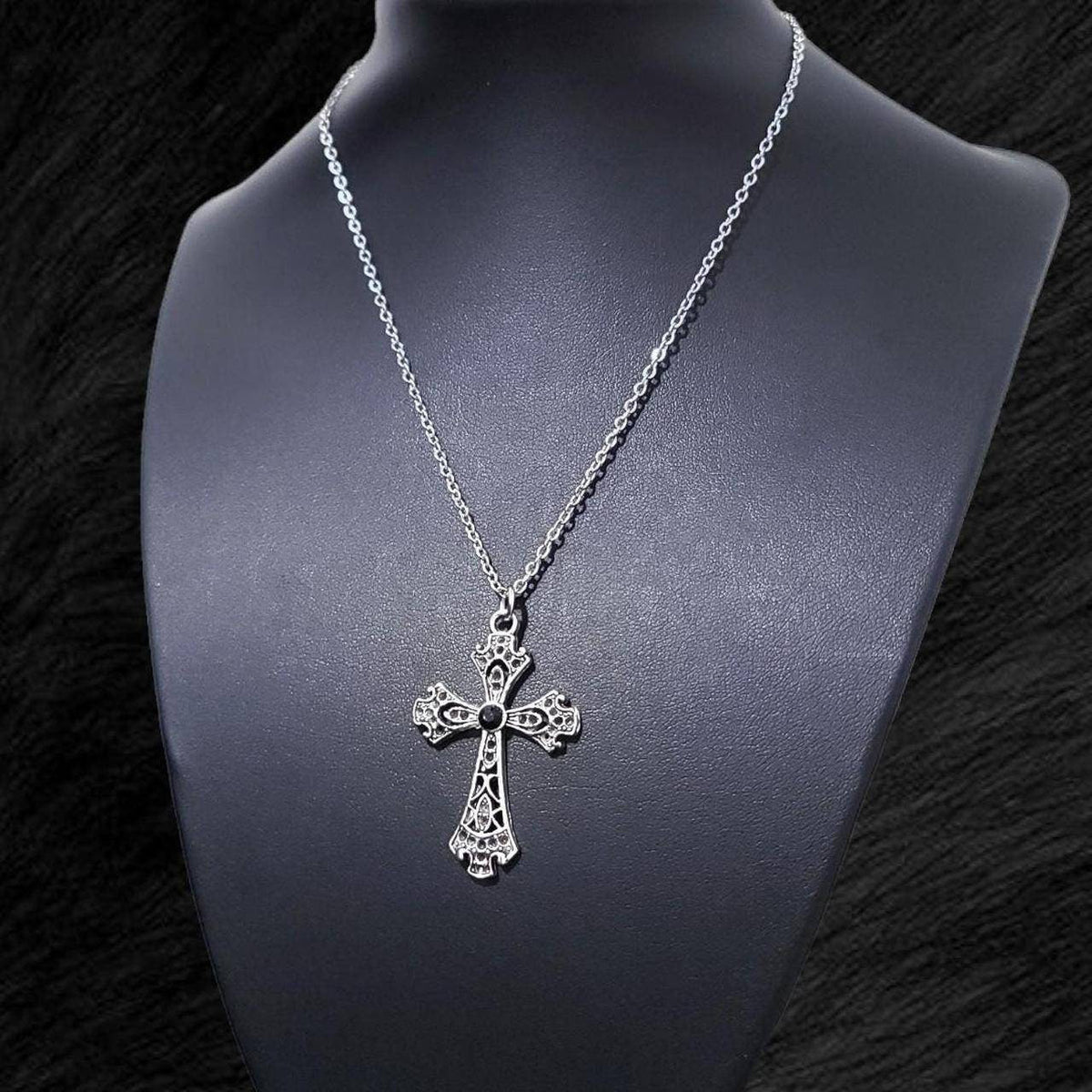 16" Silver Cross Necklace 023-BLACK