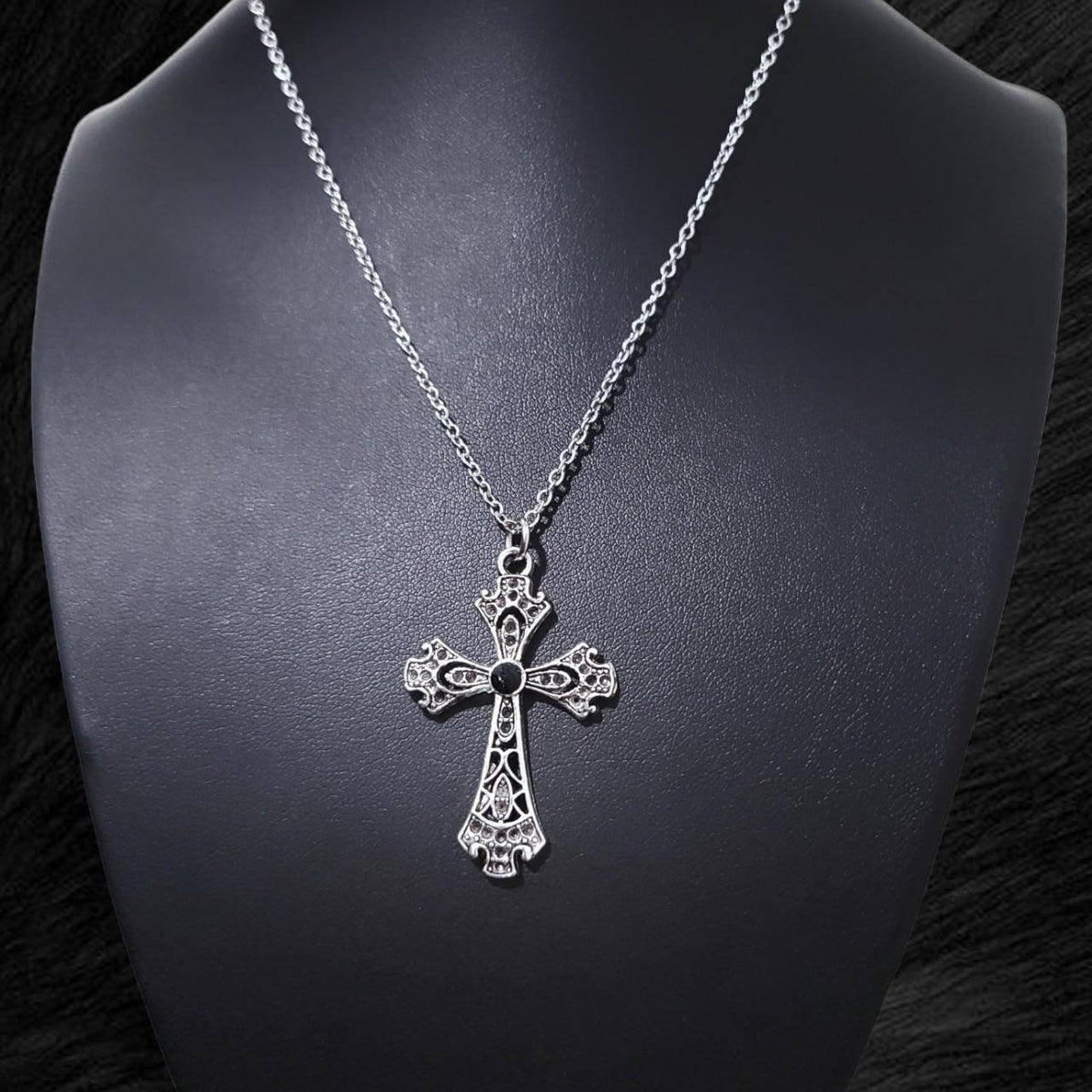 16" Silver Cross Necklace 023-BLACK