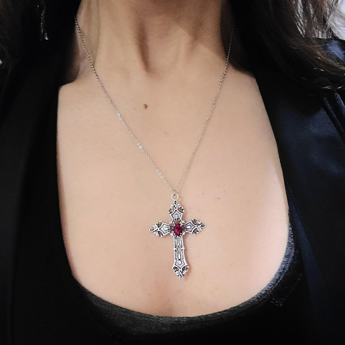 18" Gothic Cross Necklace 021-RED