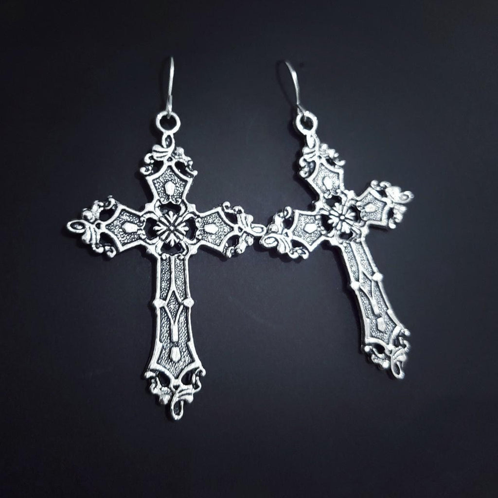 Gothic Silver Cross Earrings 021