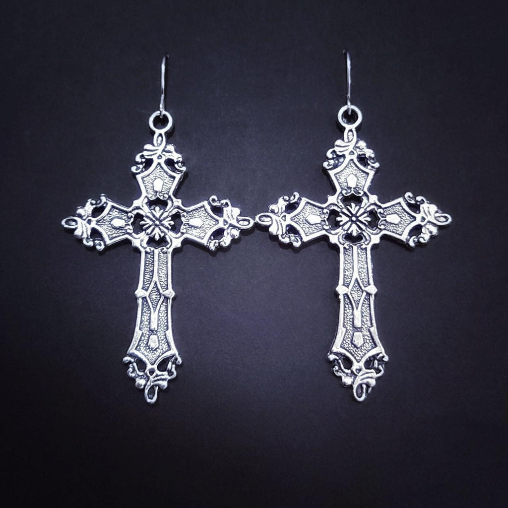 Gothic Silver Cross Earrings 021