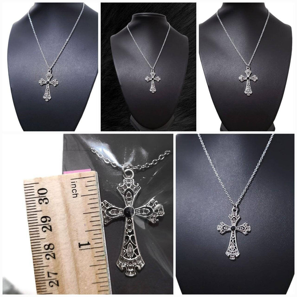 16" Silver Cross Necklace 023-BLACK