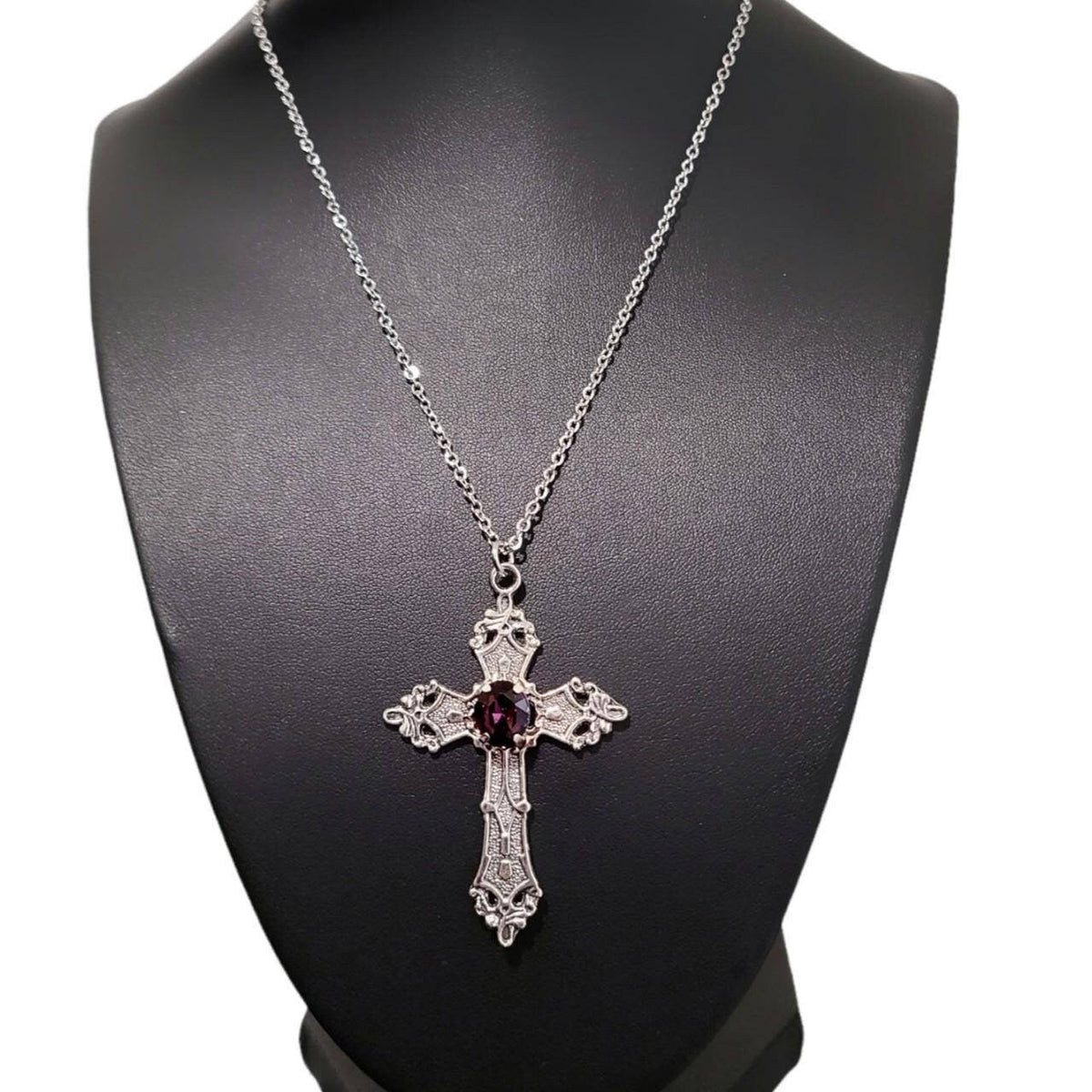 18" Silver Gothic Cross Necklace 021-PURPLE