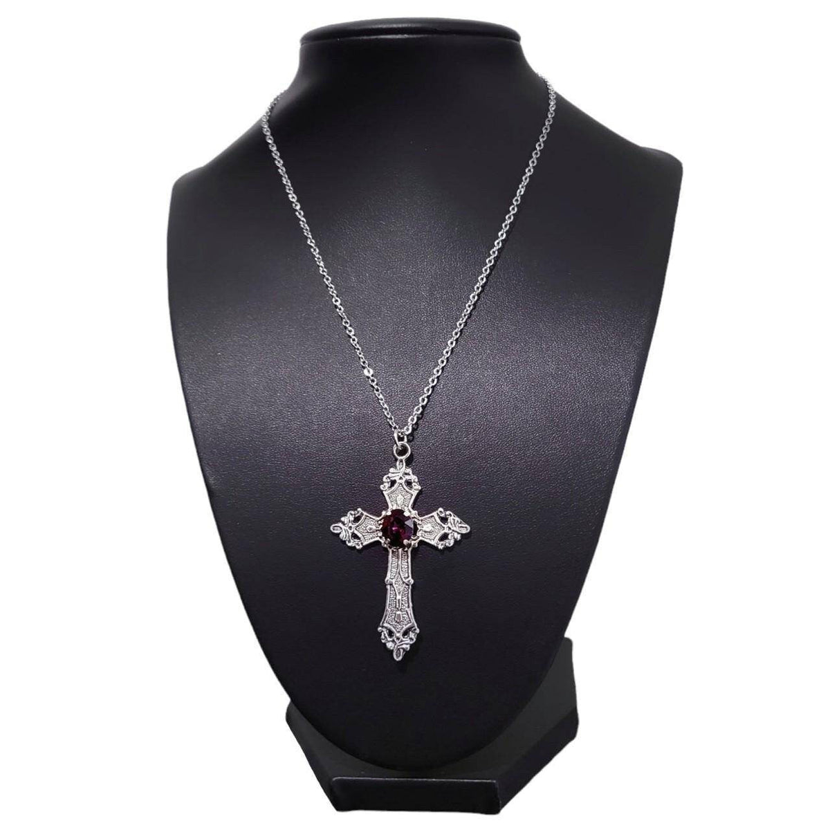 18" Silver Gothic Cross Necklace 021-PURPLE