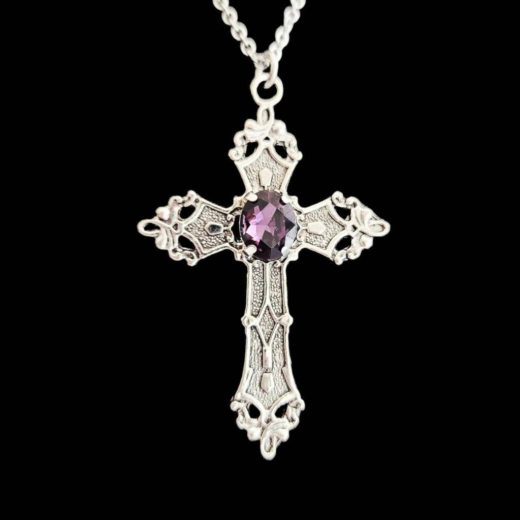 18" Silver Gothic Cross Necklace 021-PURPLE