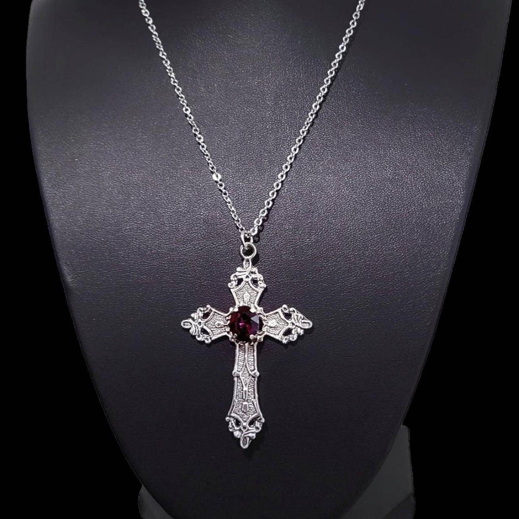 18" Silver Gothic Cross Necklace 021-PURPLE