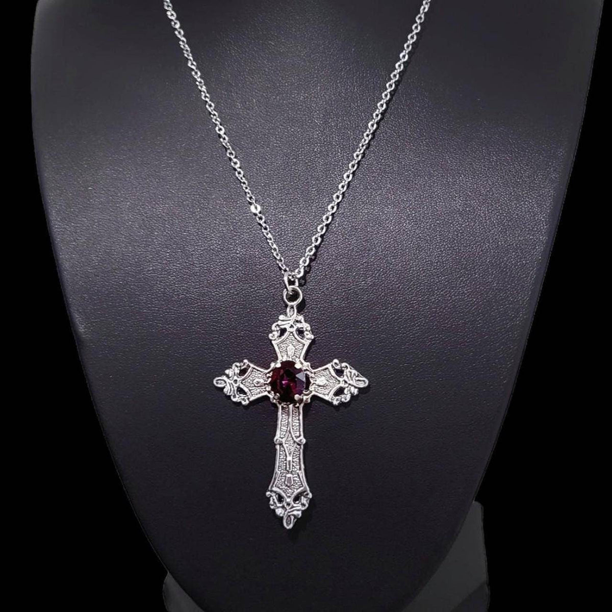 18" Silver Gothic Cross Necklace 021-PURPLE