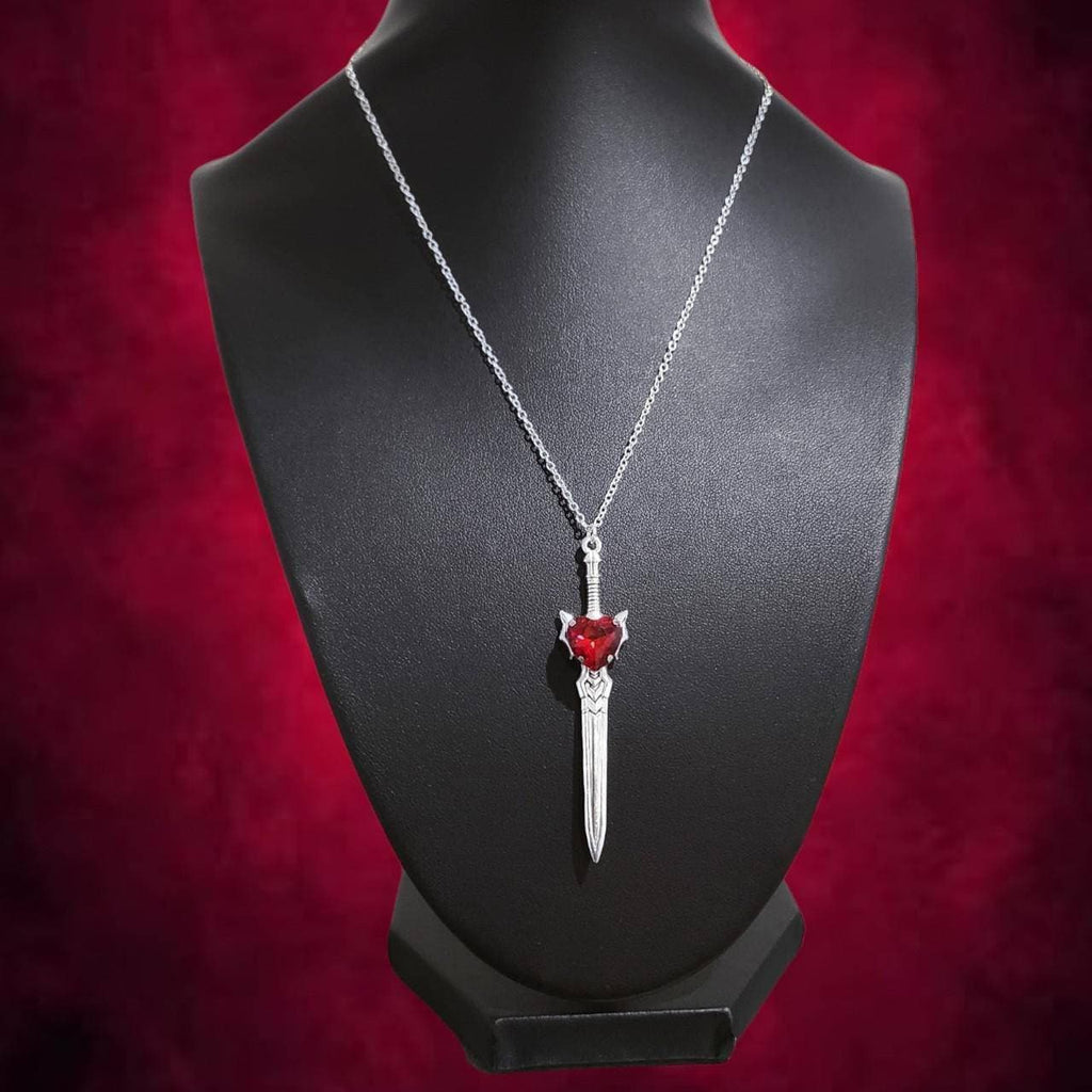 Red Crystal Heart Sword Necklace 007 - Silver