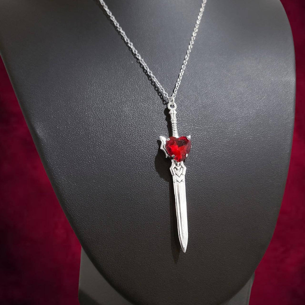 Red Crystal Heart Sword Necklace 007 - Silver