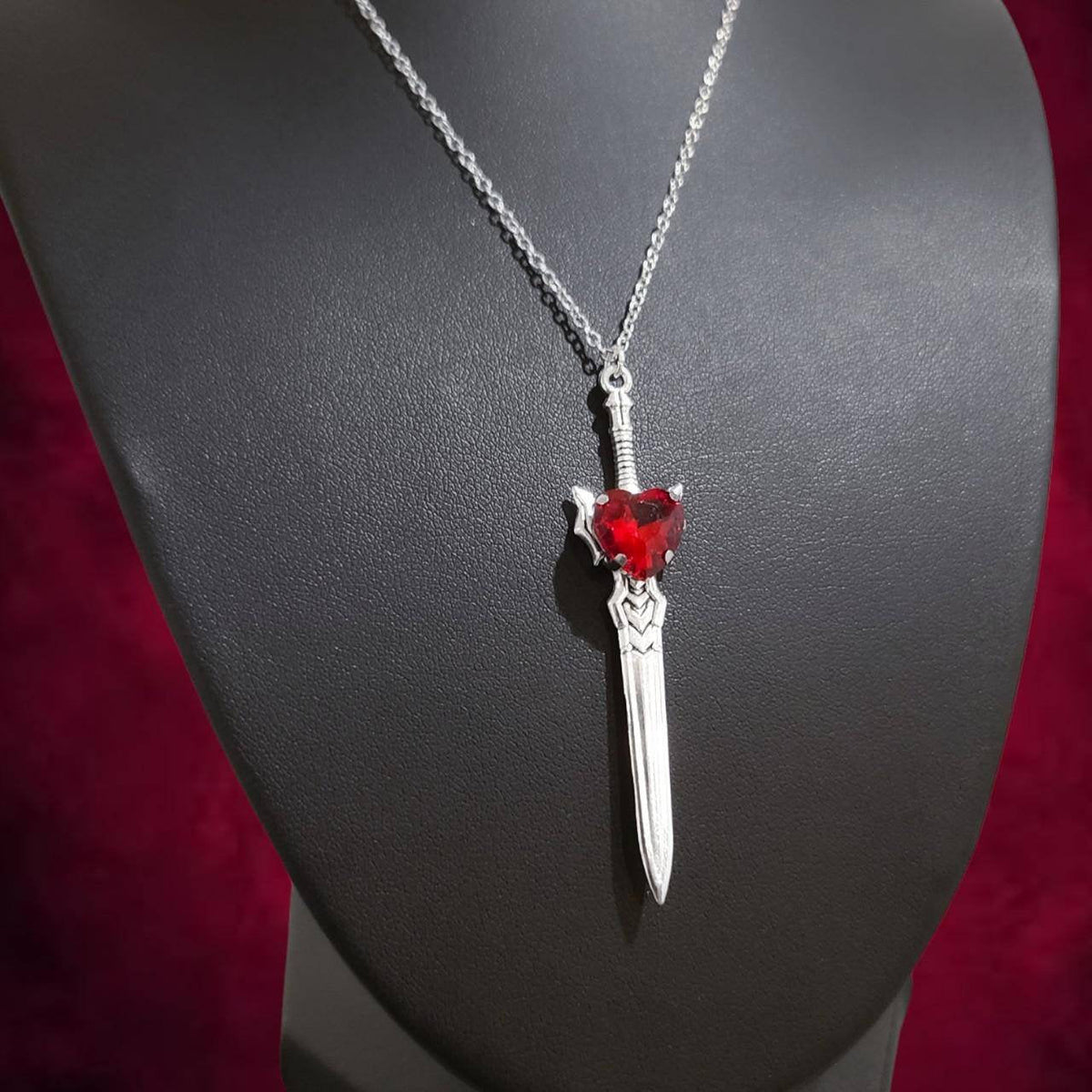 Red Crystal Heart Sword Necklace 007 - Silver