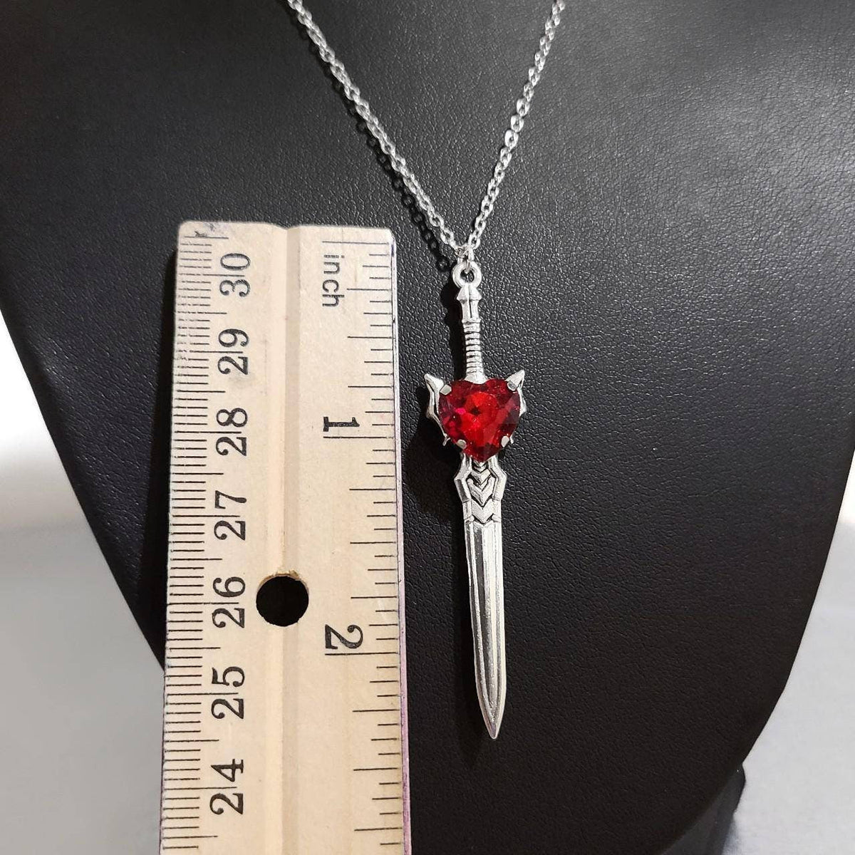 Red Crystal Heart Sword Necklace 007 - Silver