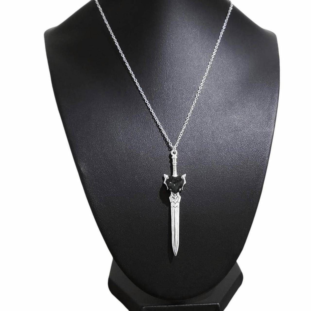 Black Crystal Heart Sword Necklace 007 - Silver