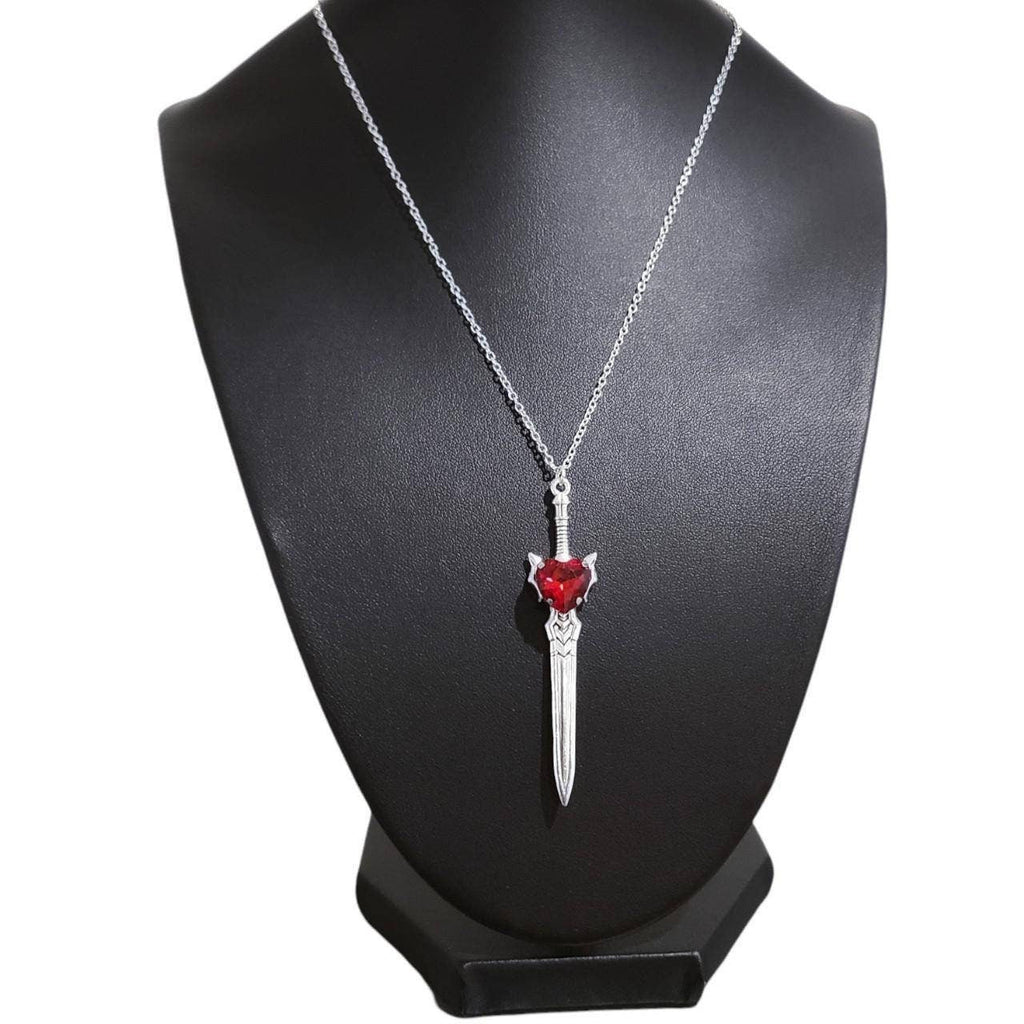 Red Crystal Heart Sword Necklace 007 - Silver