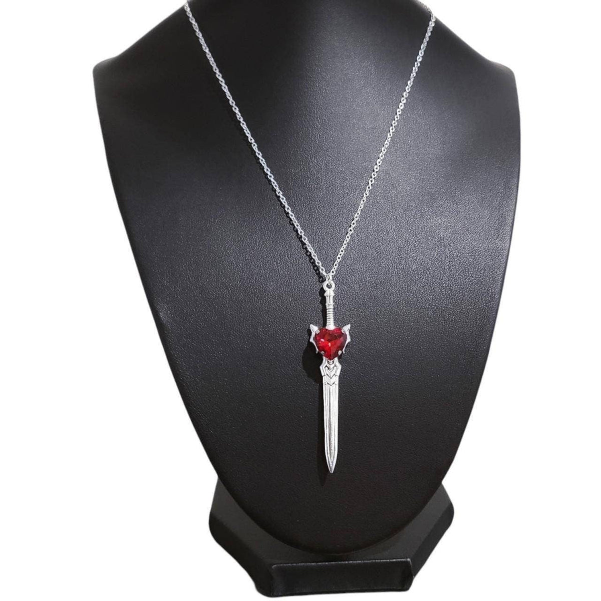 Red Crystal Heart Sword Necklace 007 - Silver