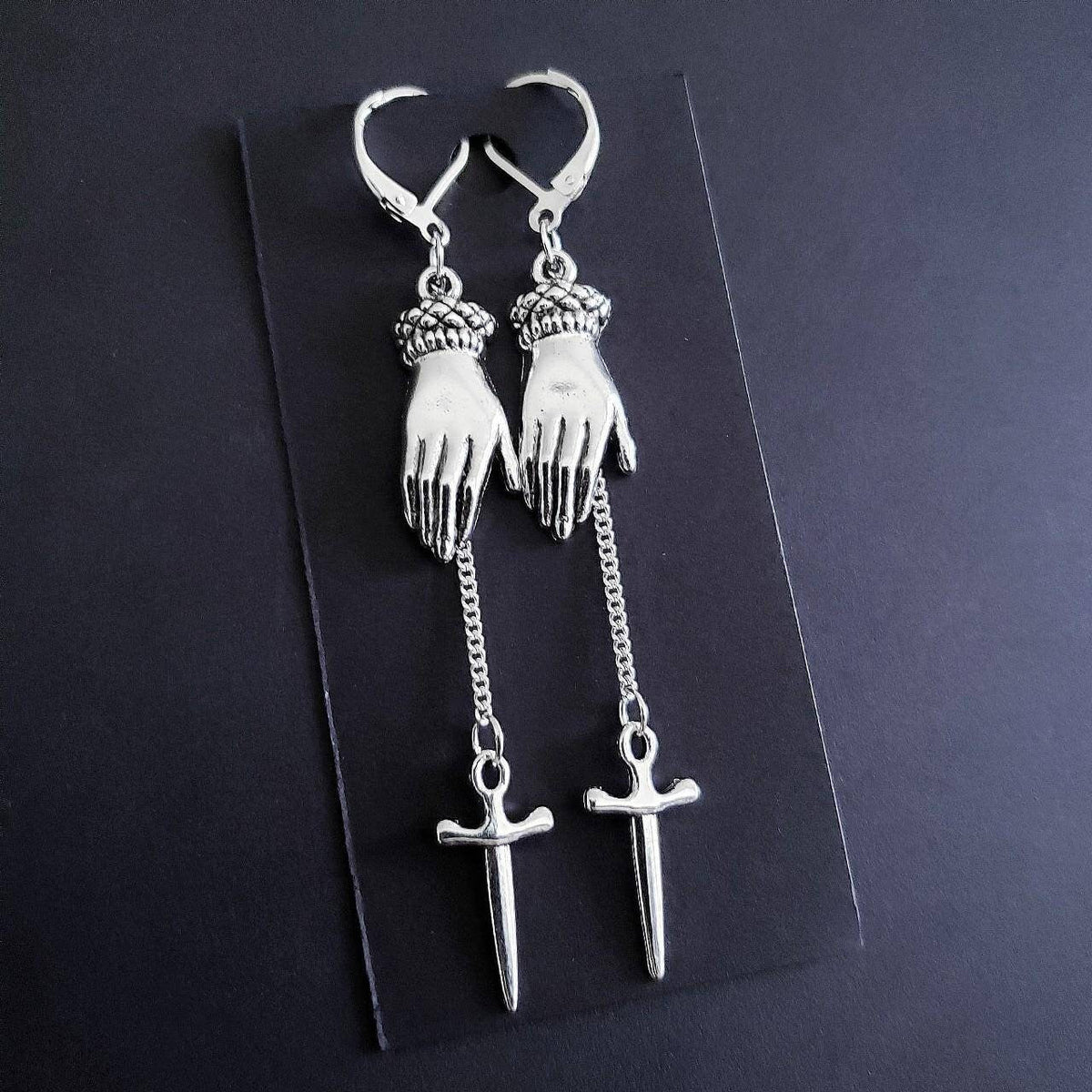 Silver Hand Dagger Chain Earrings