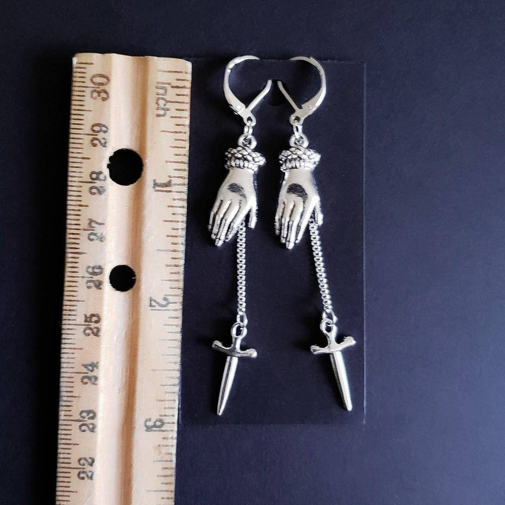 Silver Hand Dagger Chain Earrings