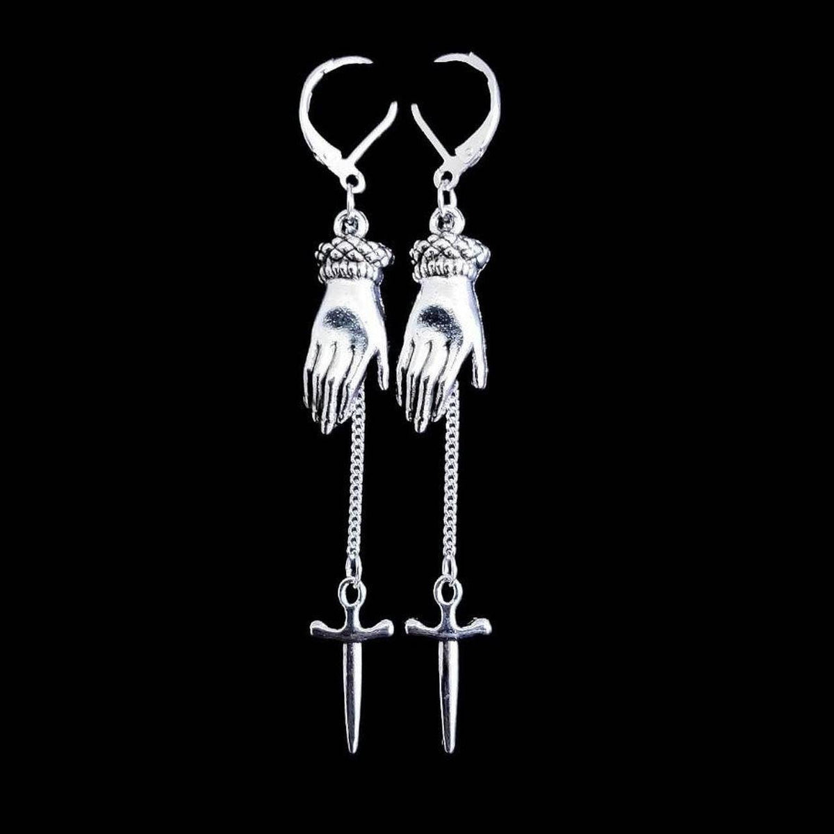 Silver Hand Dagger Chain Earrings