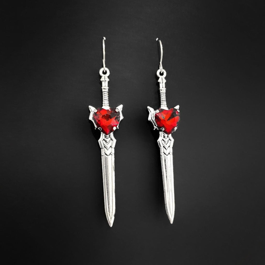 Gothic Crystal Heart Sword Earrings - RED