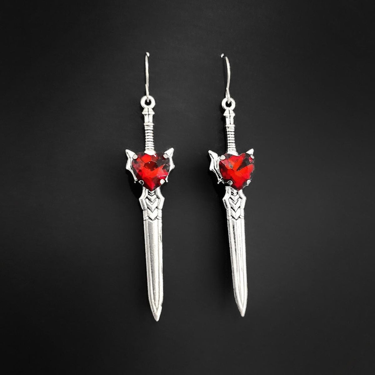 Gothic Crystal Heart Sword Earrings - RED