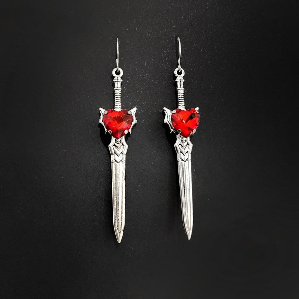 Gothic Crystal Heart Sword Earrings - RED