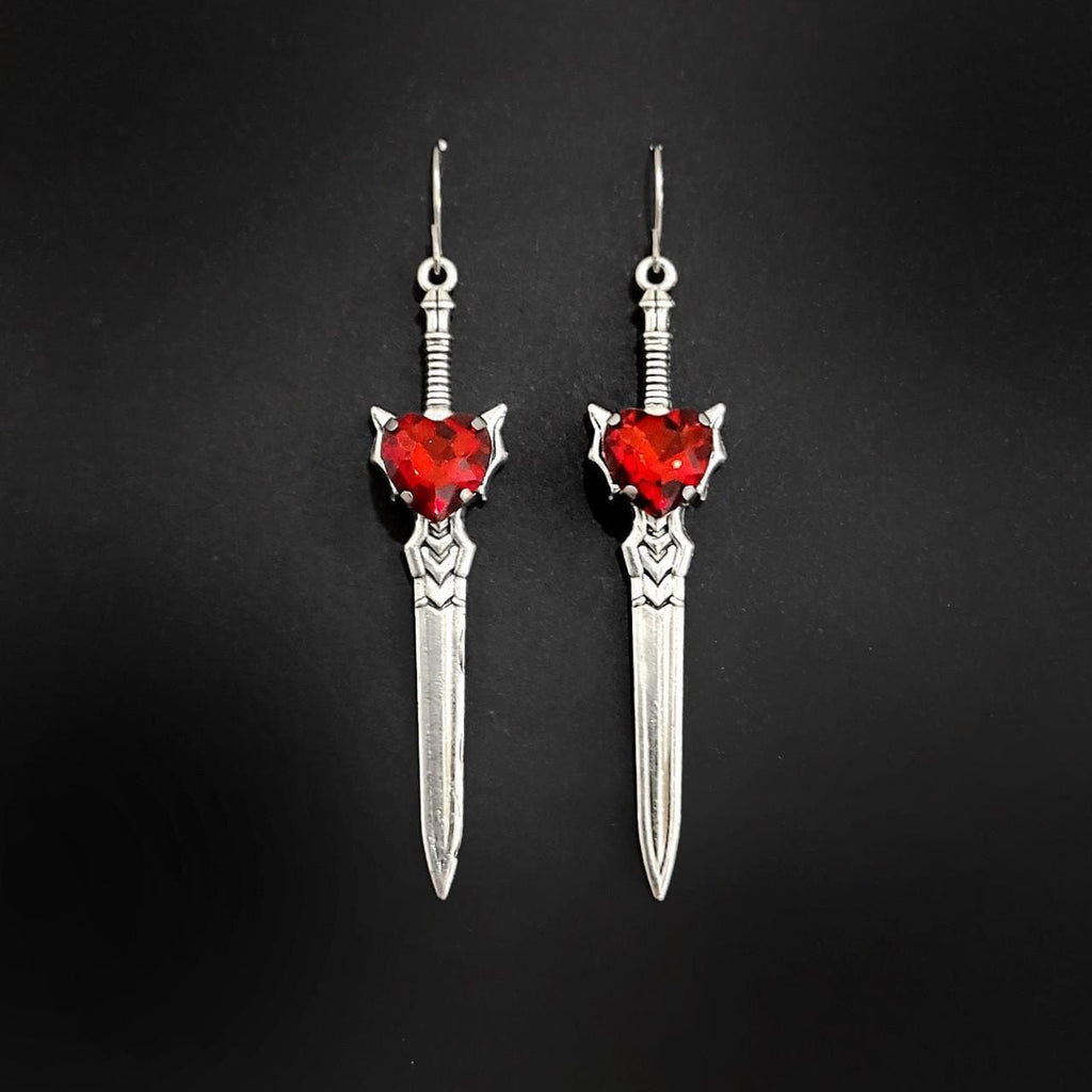 Gothic Crystal Heart Sword Earrings - RED