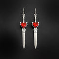 Gothic Crystal Heart Sword Earrings - RED