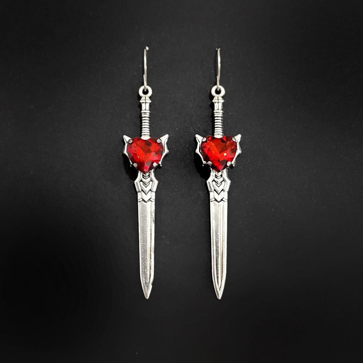 Gothic Crystal Heart Sword Earrings - RED