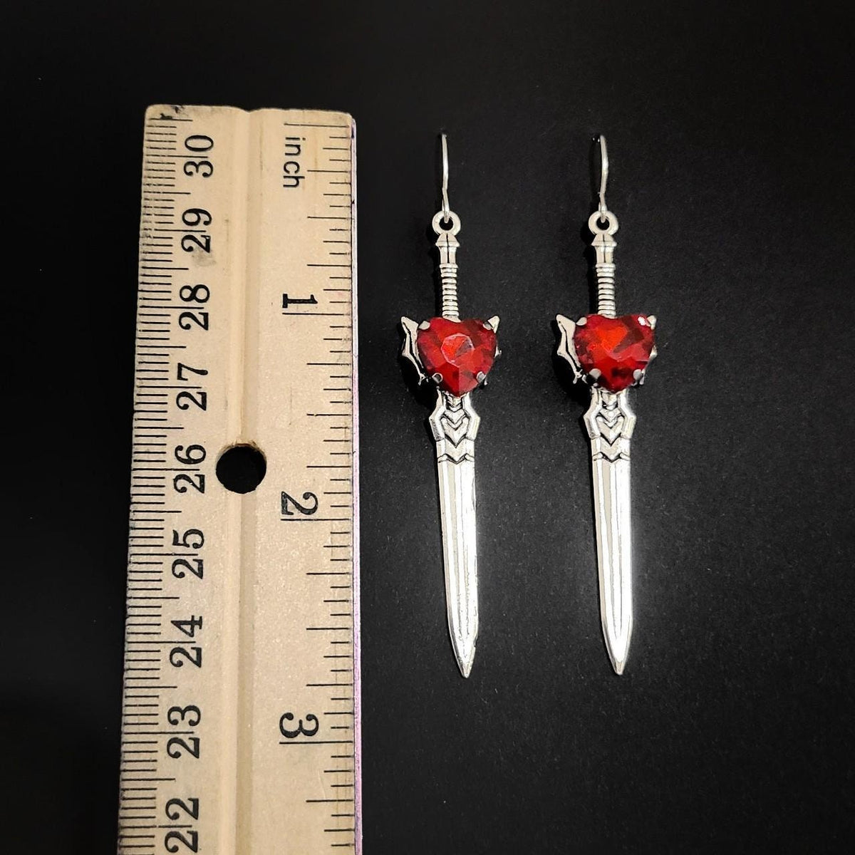 Gothic Crystal Heart Sword Earrings - RED