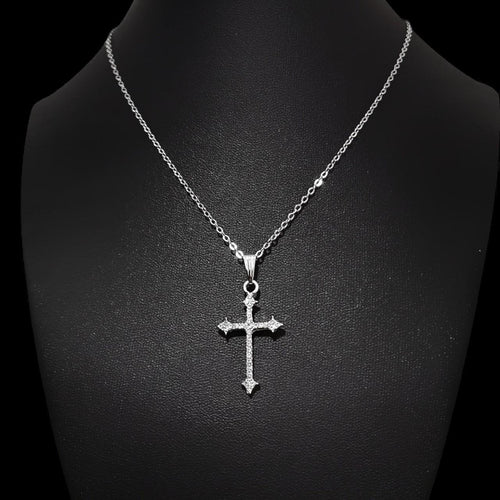 16" Silver Crystal Cross Pendant Necklace 215
