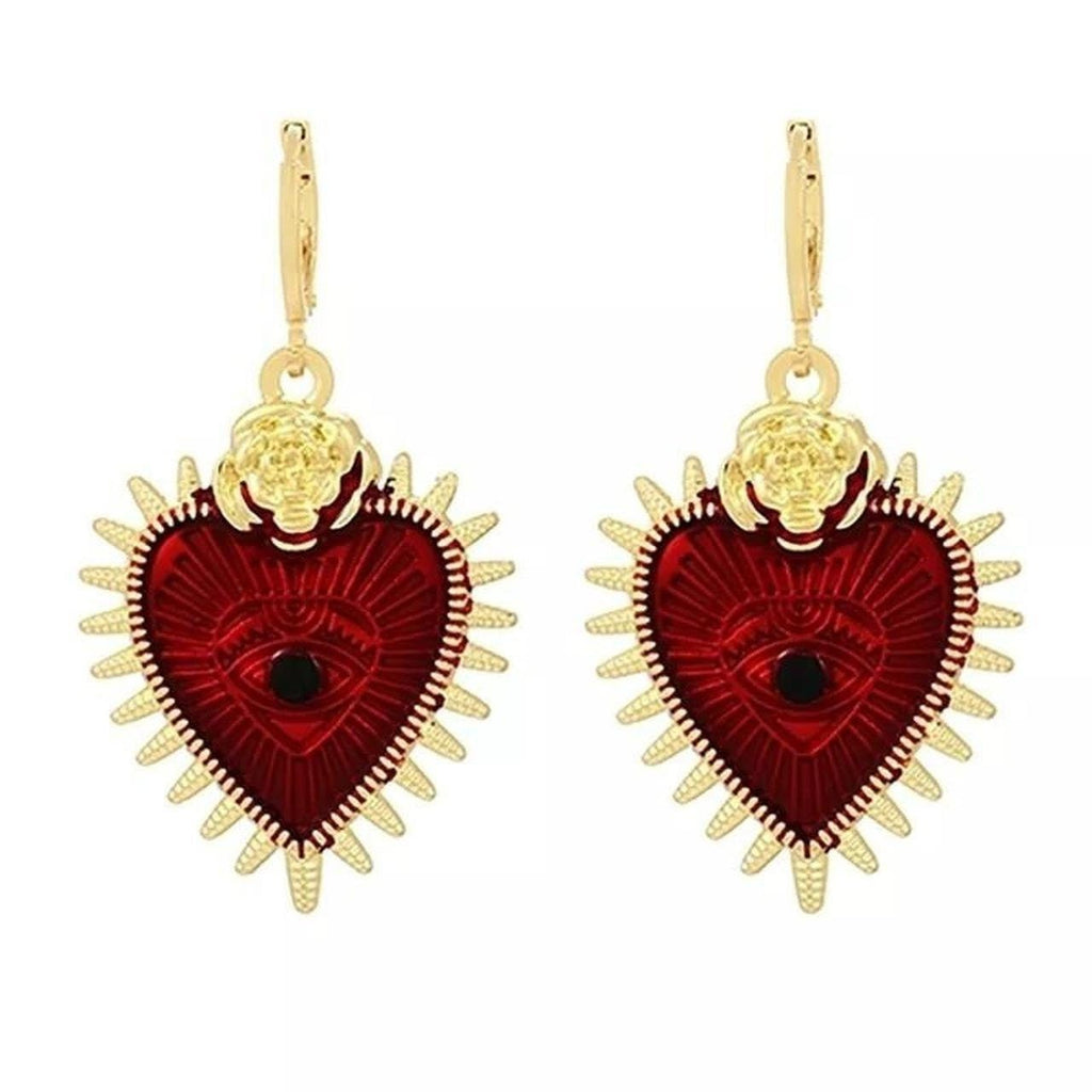 Gold/Red Sacred Heart Earrings