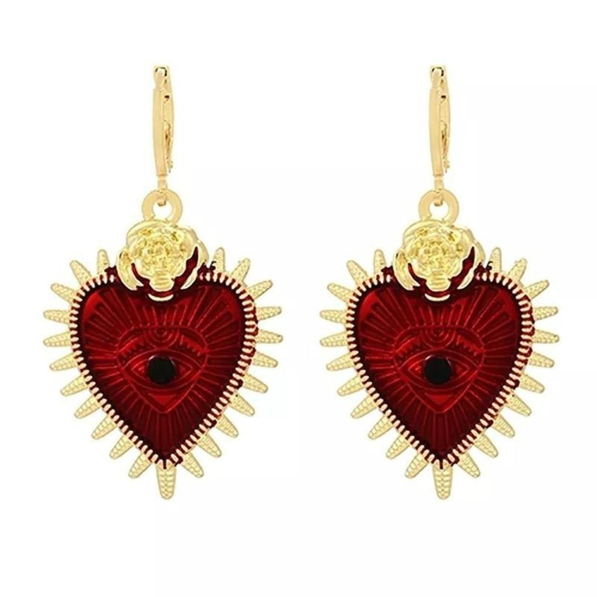 Gold/Red Sacred Heart Earrings
