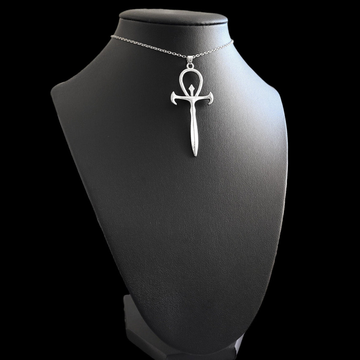 Silver Gothic Ankh Pendant Choker Necklace