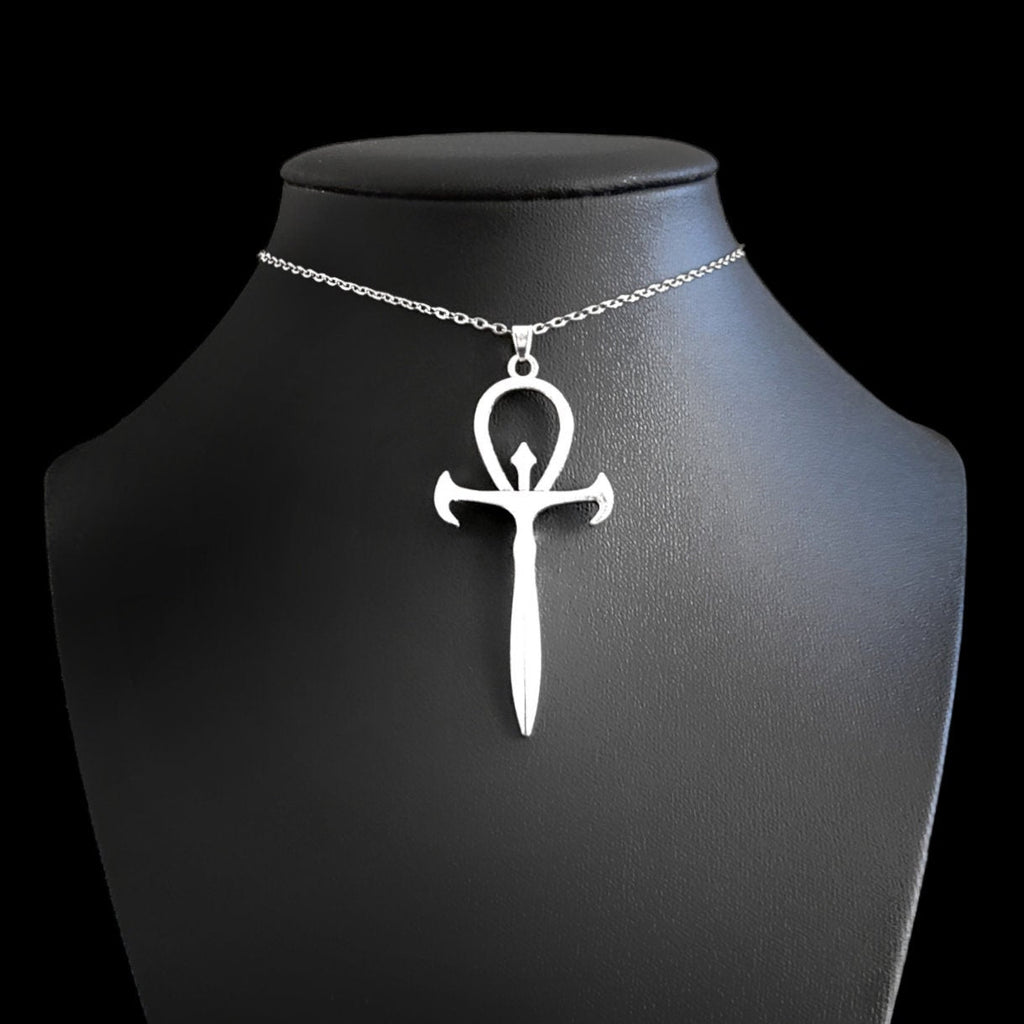 Silver Gothic Ankh Pendant Choker Necklace