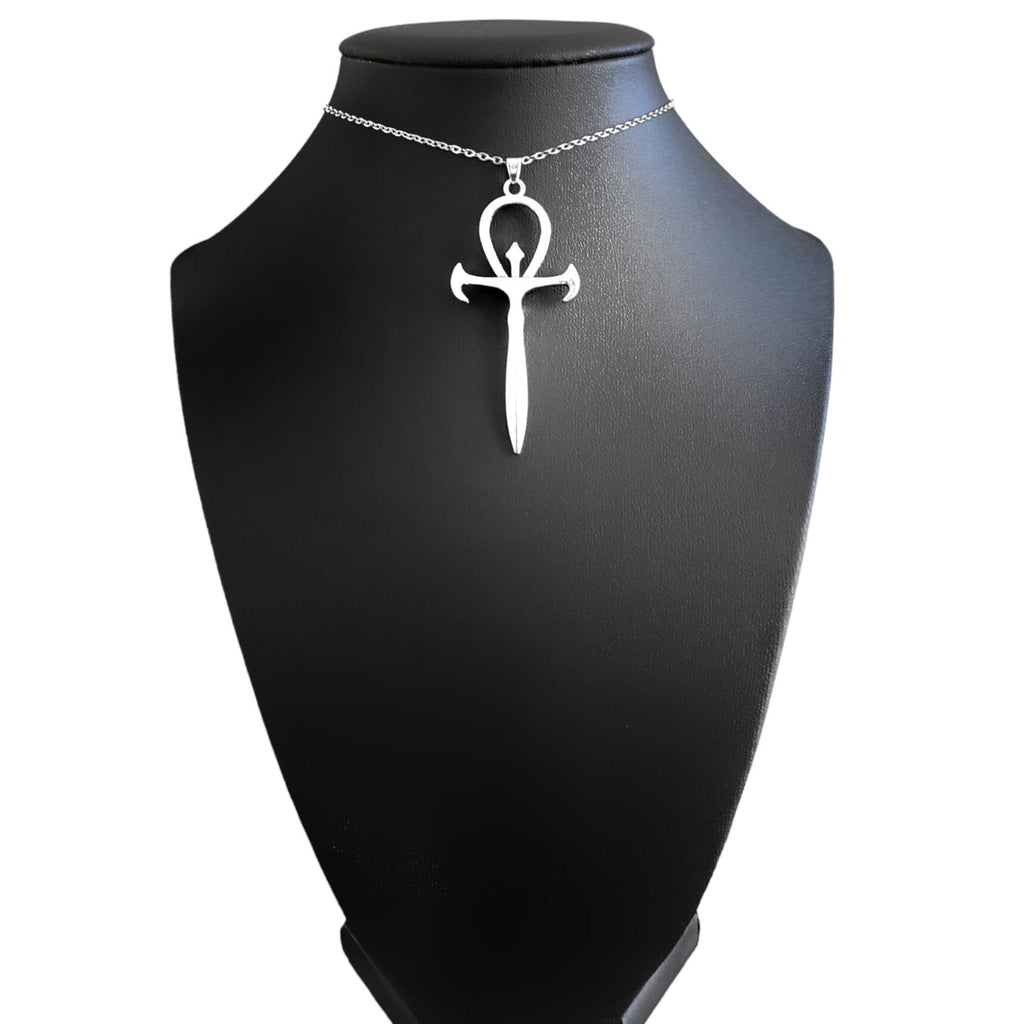 Silver Gothic Ankh Pendant Choker Necklace