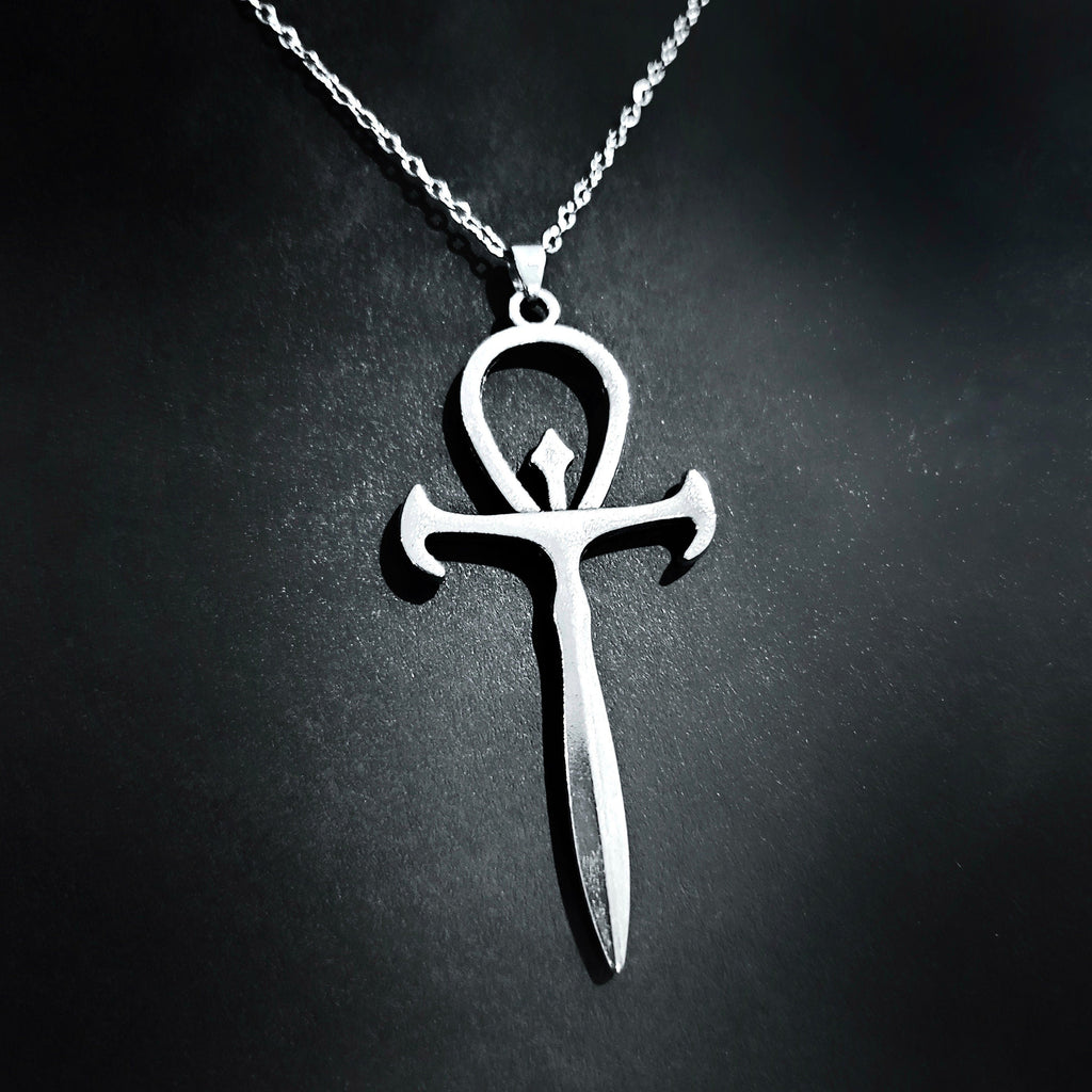 Silver Gothic Ankh Pendant Choker Necklace
