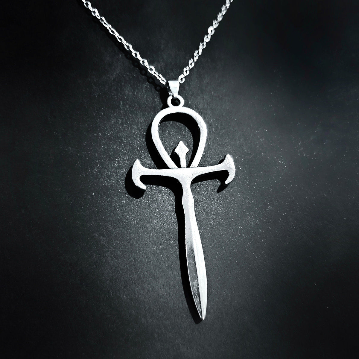 Silver Gothic Ankh Pendant Choker Necklace