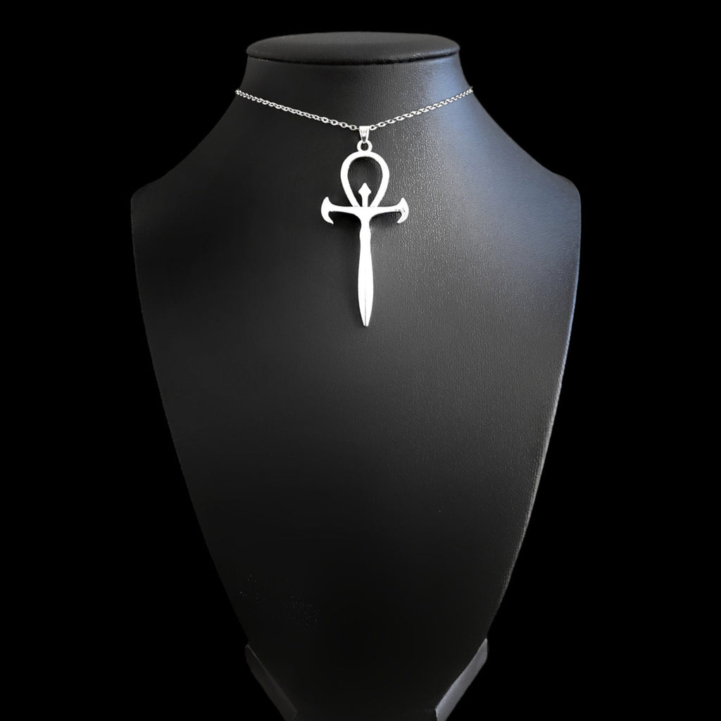 Silver Gothic Ankh Pendant Choker Necklace