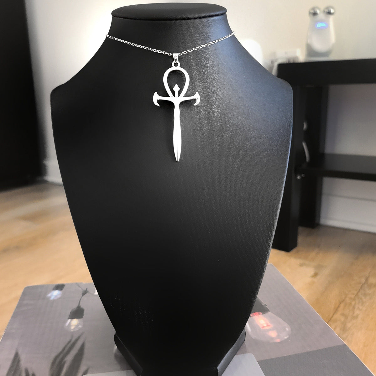 Silver Gothic Ankh Pendant Choker Necklace