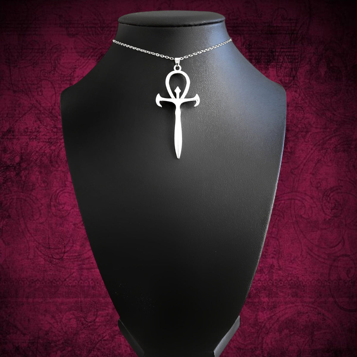 Silver Gothic Ankh Pendant Choker Necklace