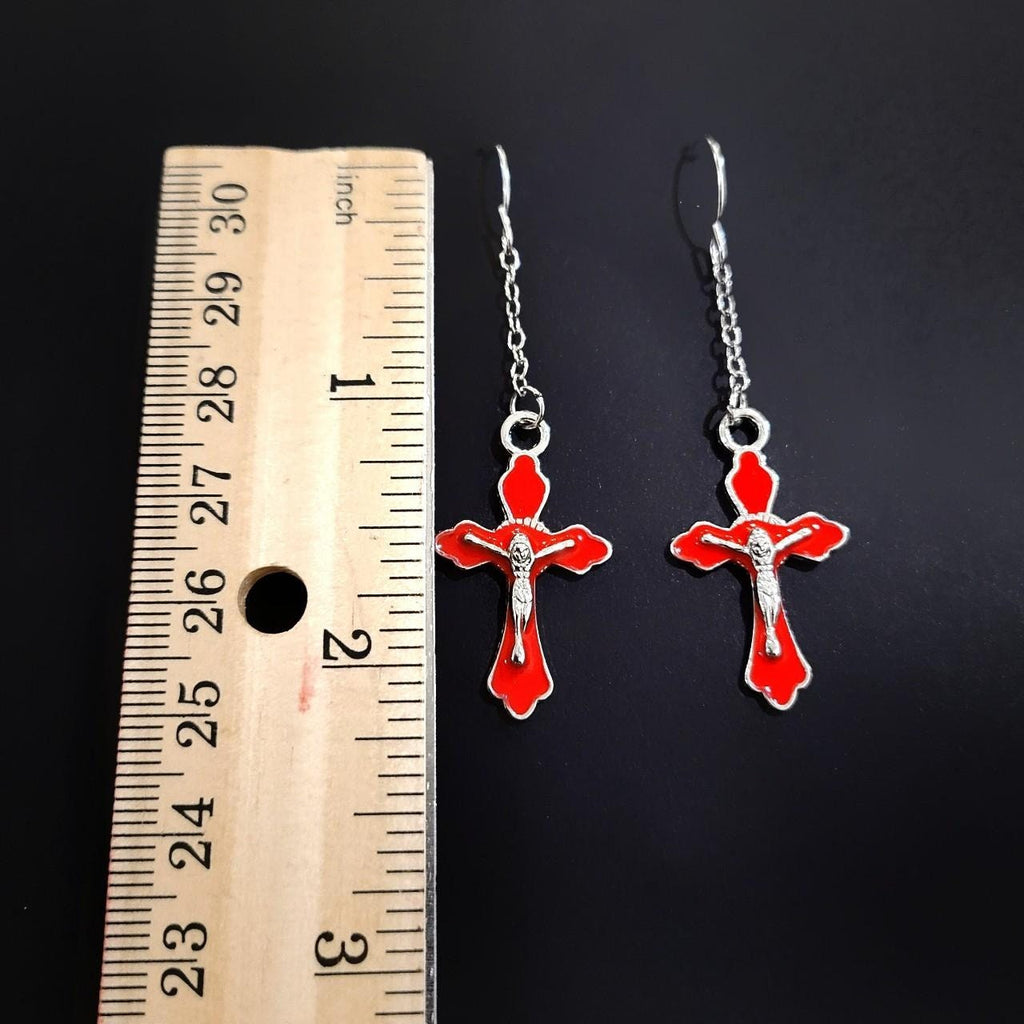 Red Crucifix Chain Earrings