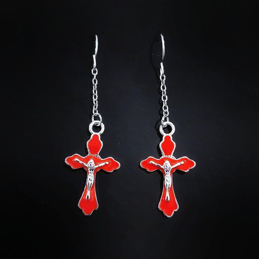 Red Crucifix Chain Earrings