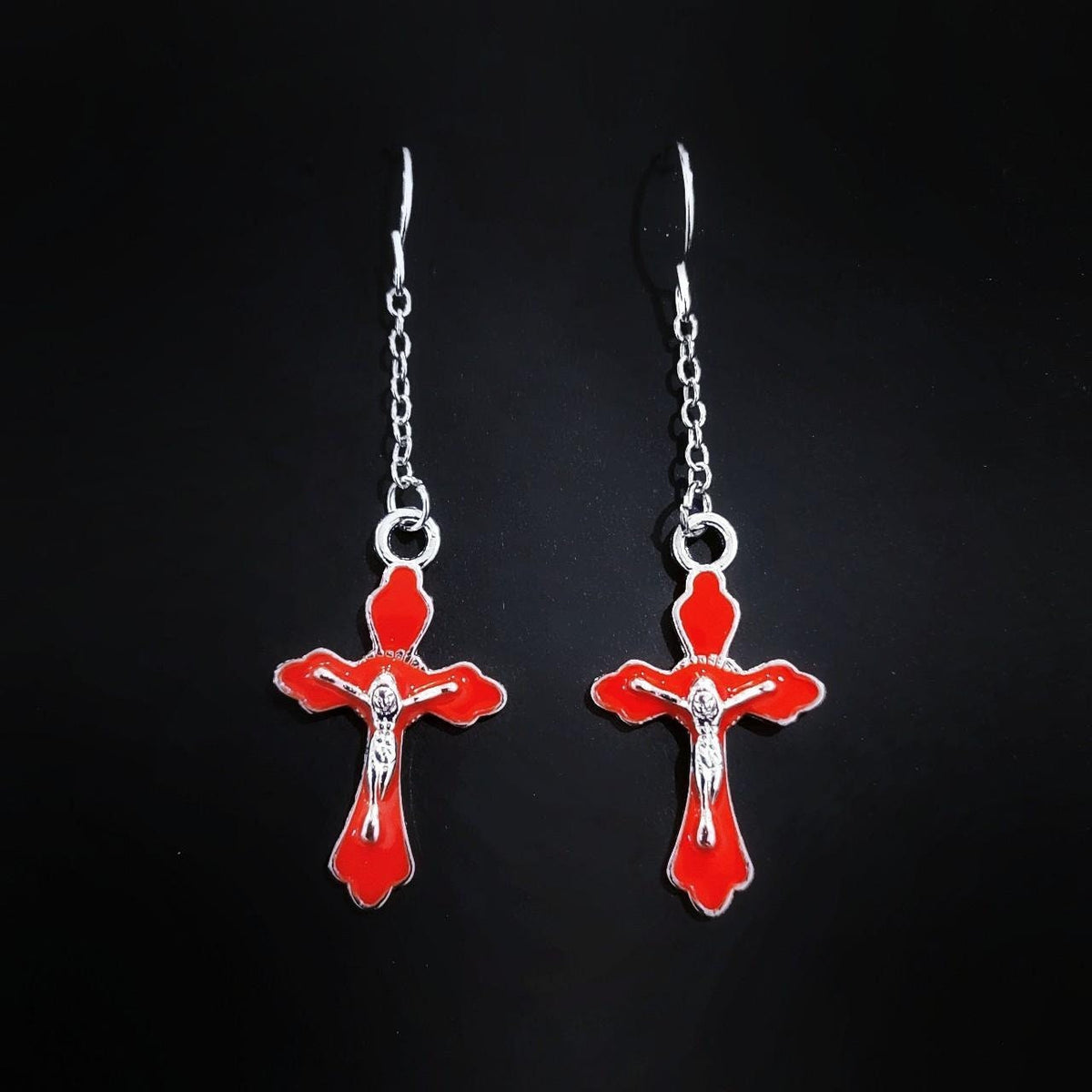 Red Crucifix Chain Earrings