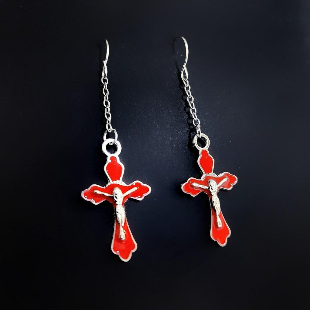 Red Crucifix Chain Earrings