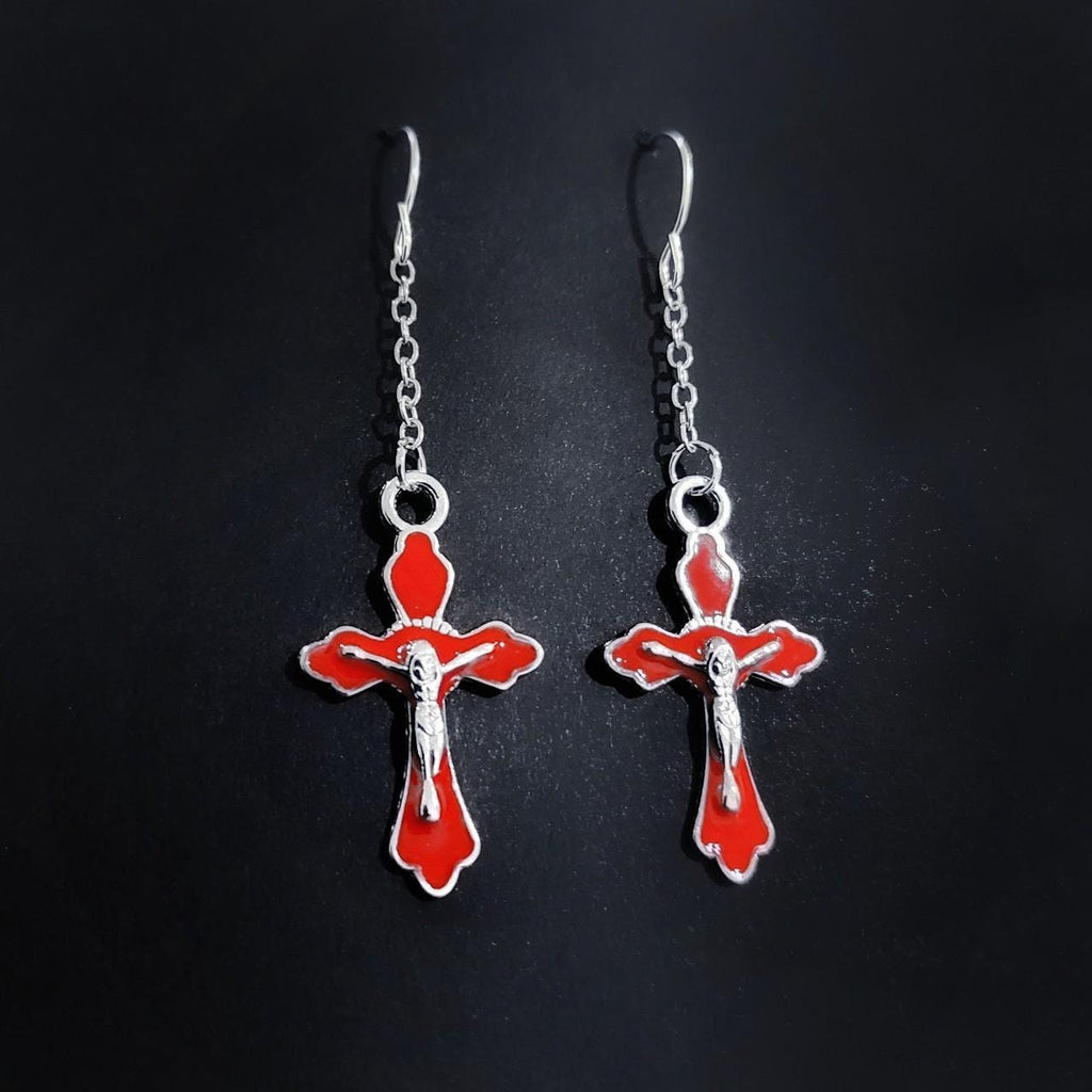Red Crucifix Chain Earrings