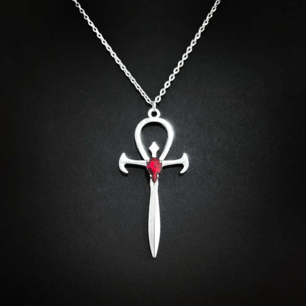 18" Red Crystal Gothic Ankh Necklace
