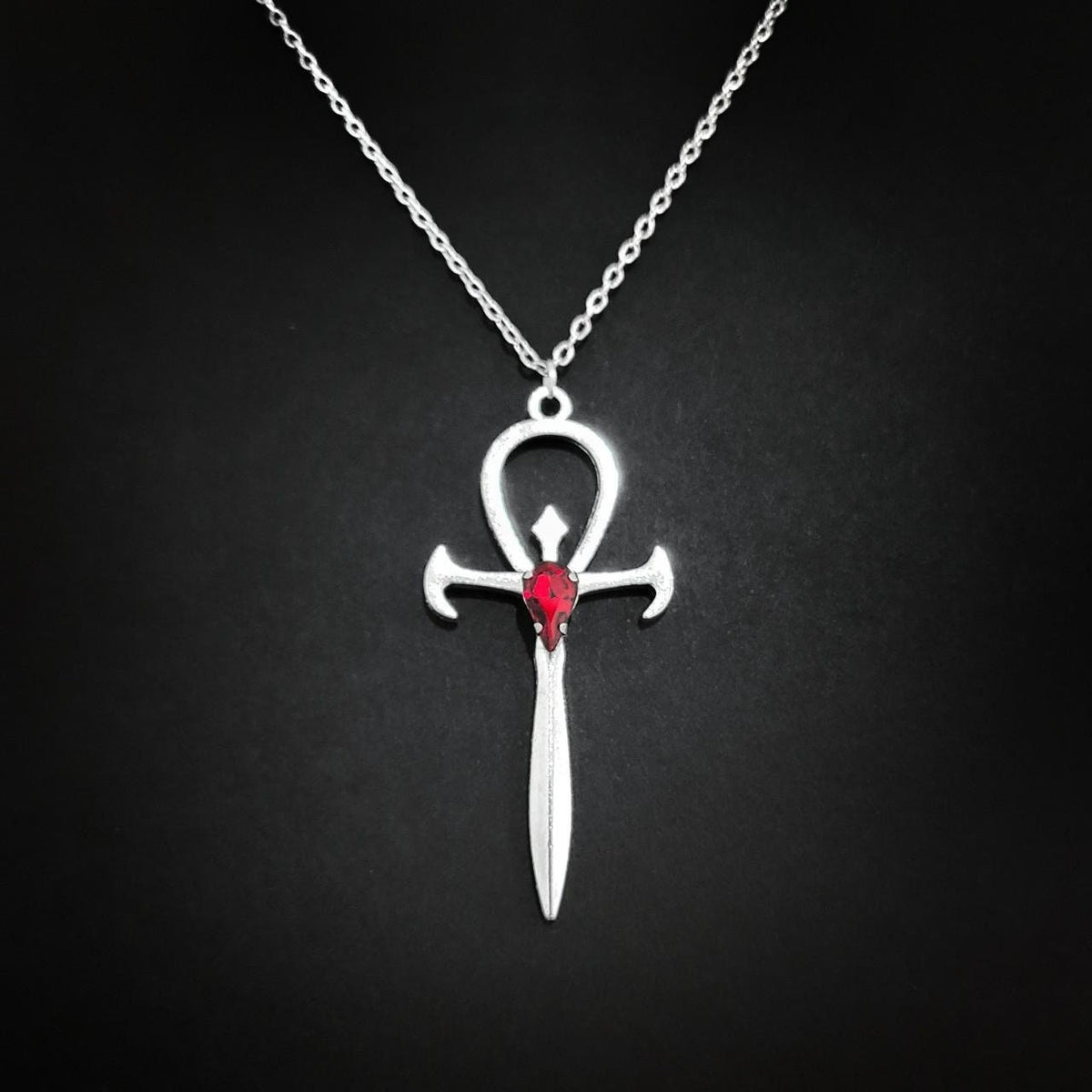 18" Red Crystal Gothic Ankh Necklace